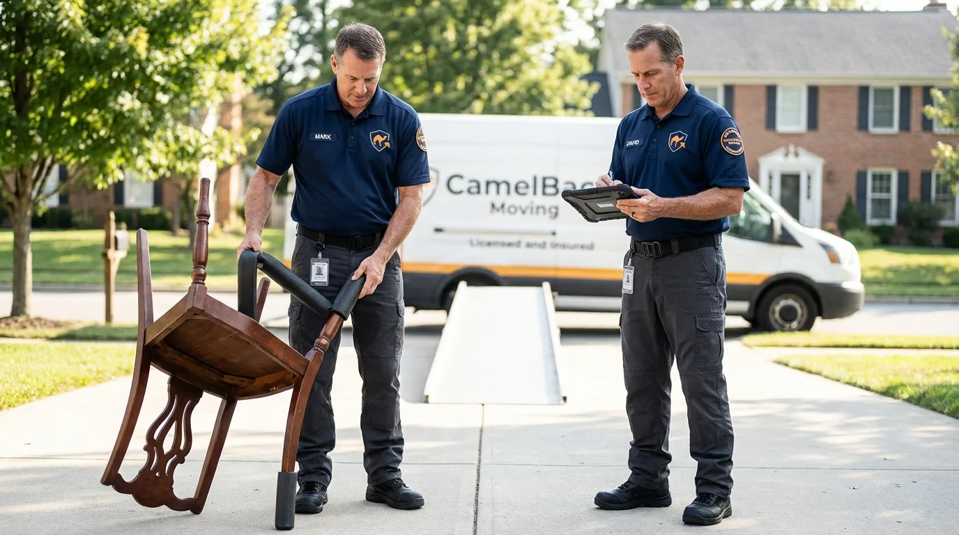 Movers inspecting furniture for damage prevention before loading in Columbus, NC