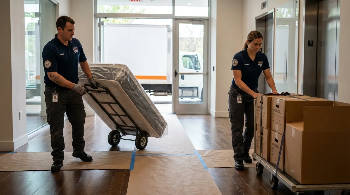 Professional apartment movers loading elevator in Columbus, NC