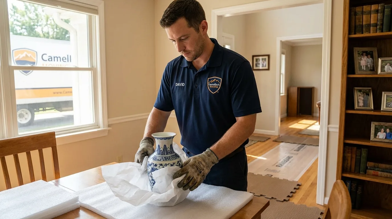 Professional crew carefully wrapping antique vase for senior downsizing move in Columbus, NC